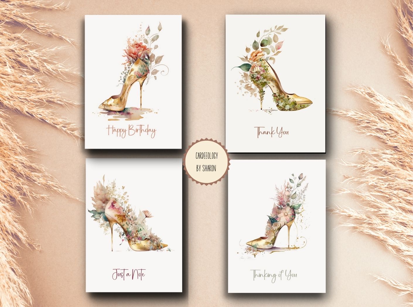 Boho Floral High Heel - Greeting Cards Set of 4 - BLANK INSIDE