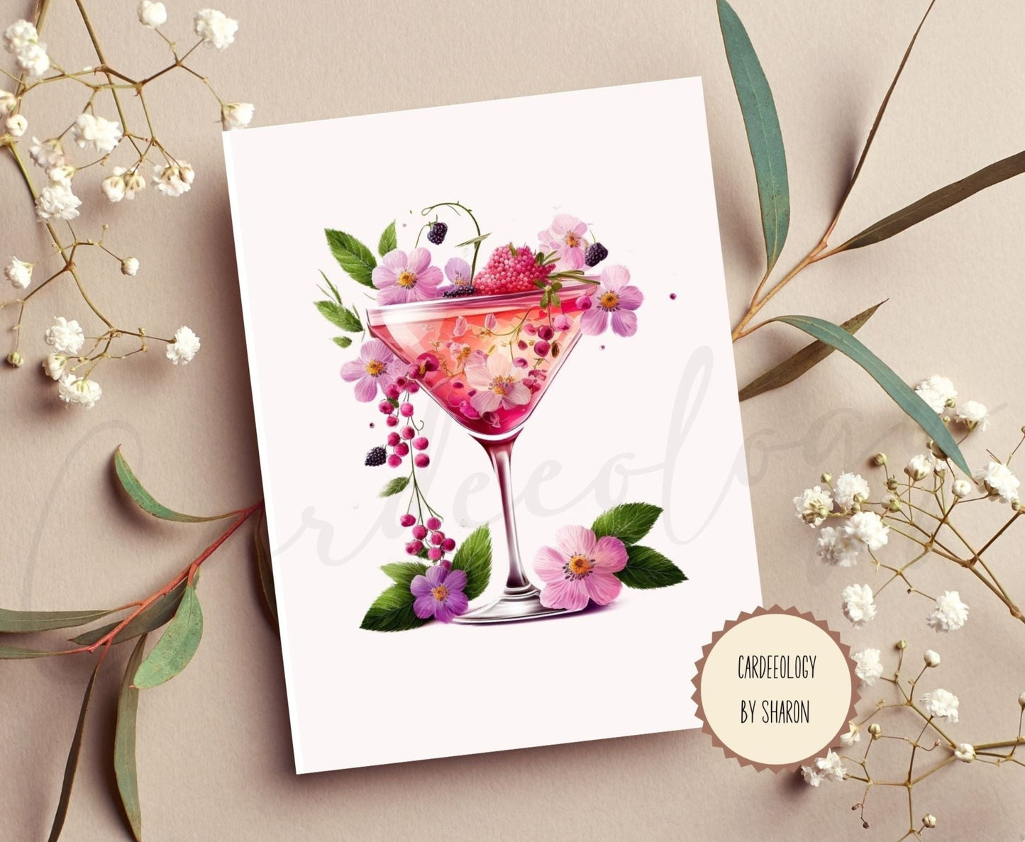 Floral Cocktail - Greeting Cards Set of 5 - BLANK INSIDE