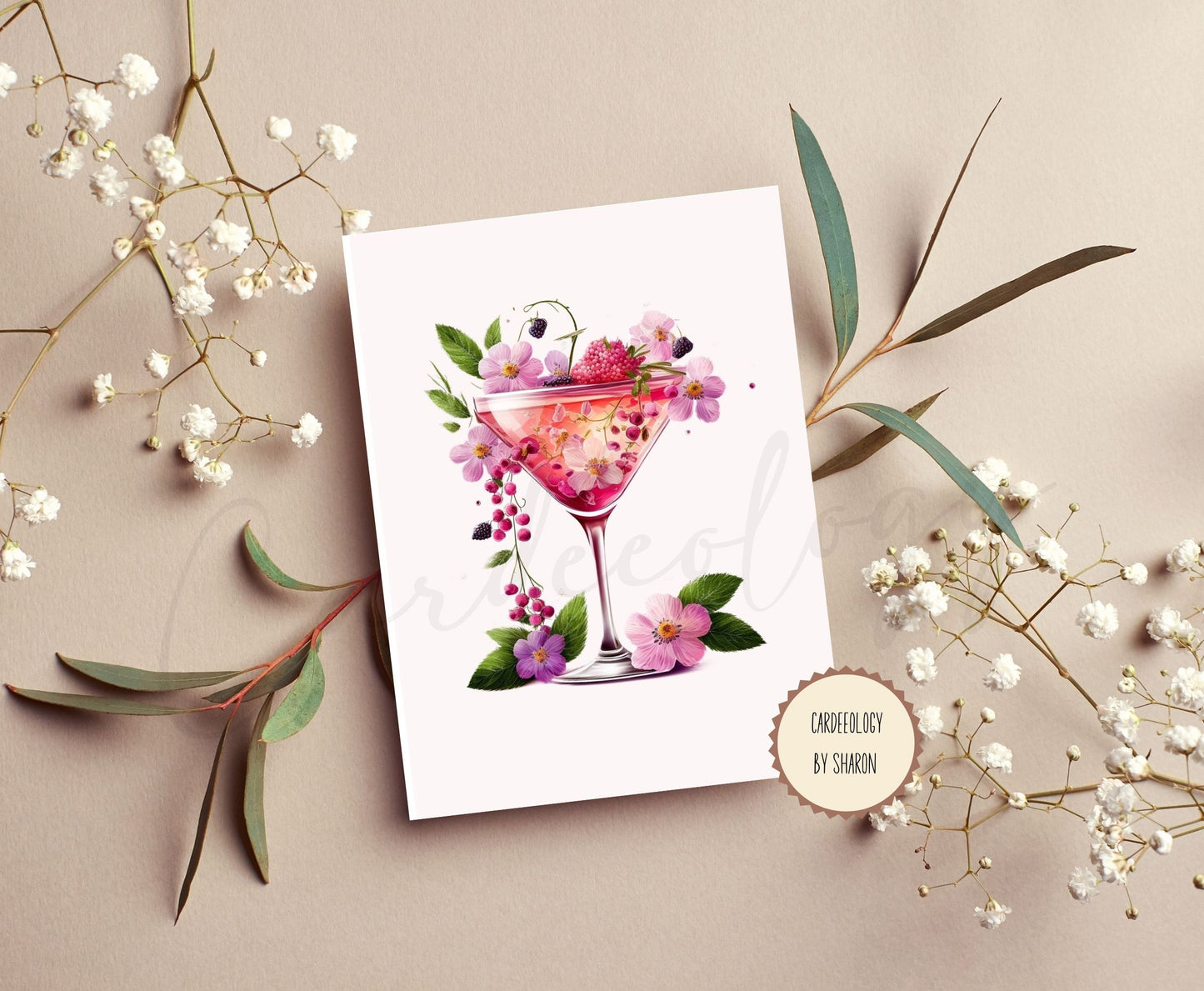 Floral Cocktail - Greeting Cards Set of 5 - BLANK INSIDE