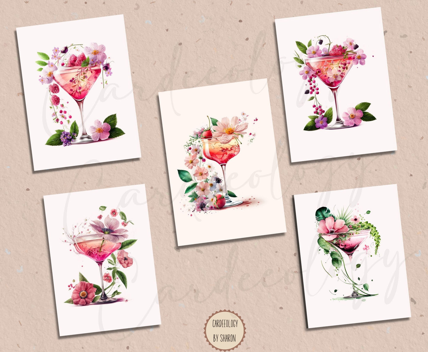 Floral Cocktail - Greeting Cards Set of 5 - BLANK INSIDE